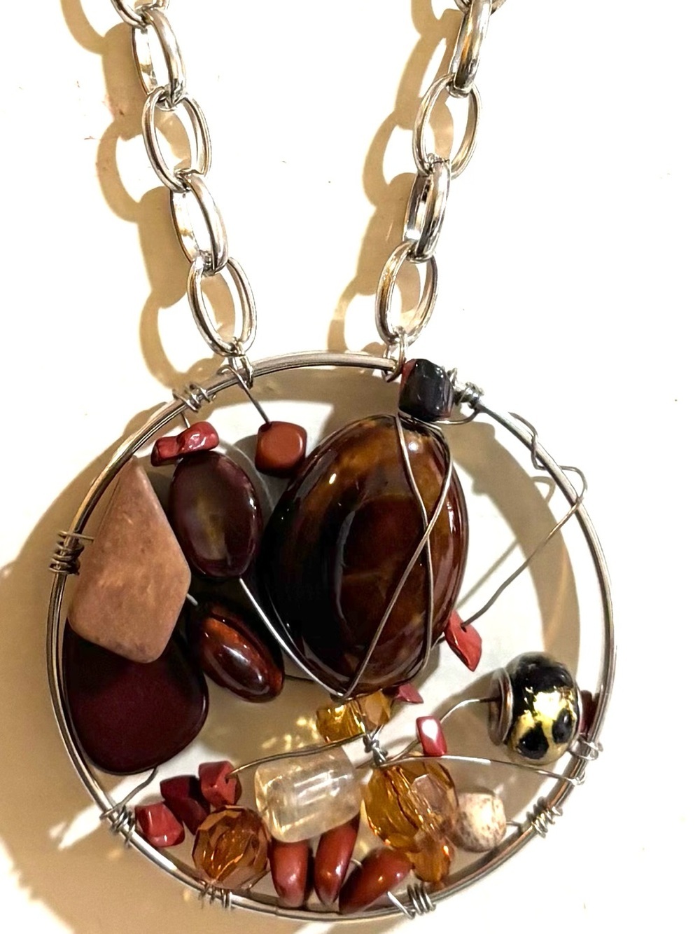 Statement wire Silver-Tone Chain Necklace with Brown and Red Stone Pendant